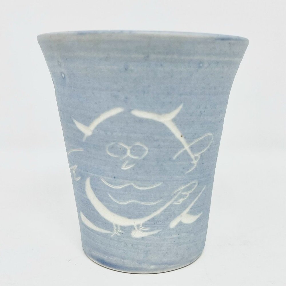 Owl Hand Thrown Pottery Cup Incised Design Blue Wash with Crackle Interior Matte